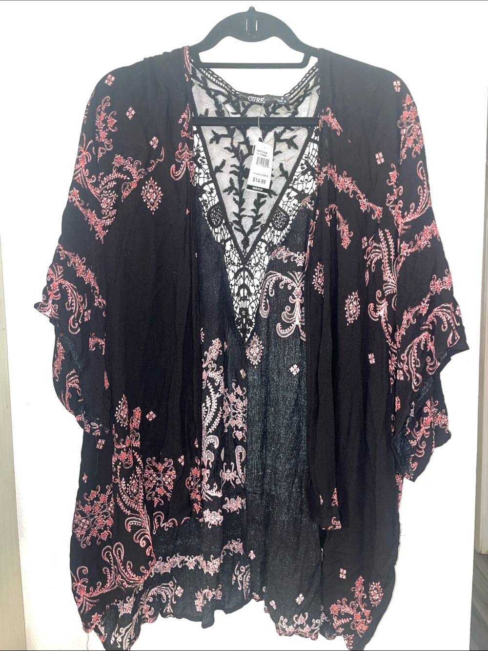 Bohemian Black Tunic Kimono with Pink Paisley Print